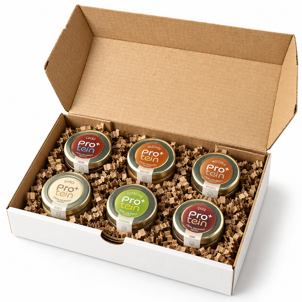 Scatola regalo aperta con sei creme spalmabili Pro+tein