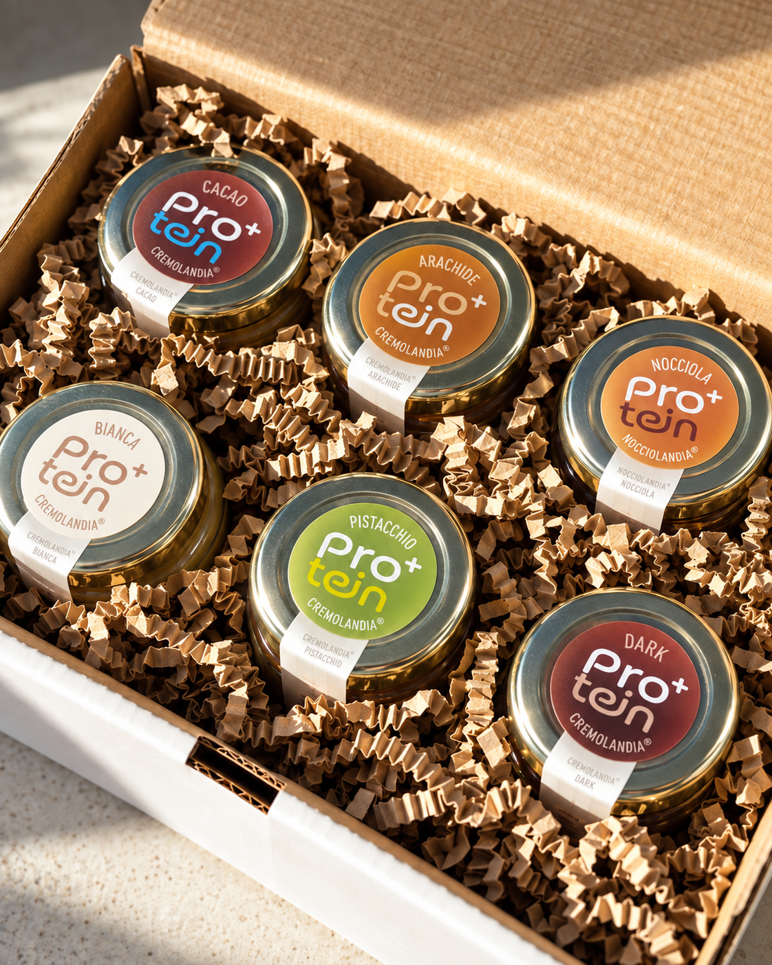 Box regalo con creme ai gusti cacao arachide nocciola bianca pistacchio e dark